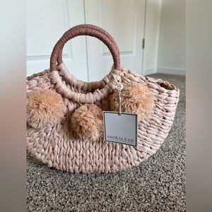 Blush woven tote with poms